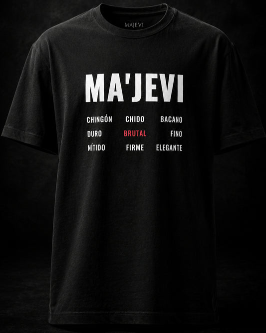 Black t-shirt with 'MA'JEVI' text and descriptors on a dark background