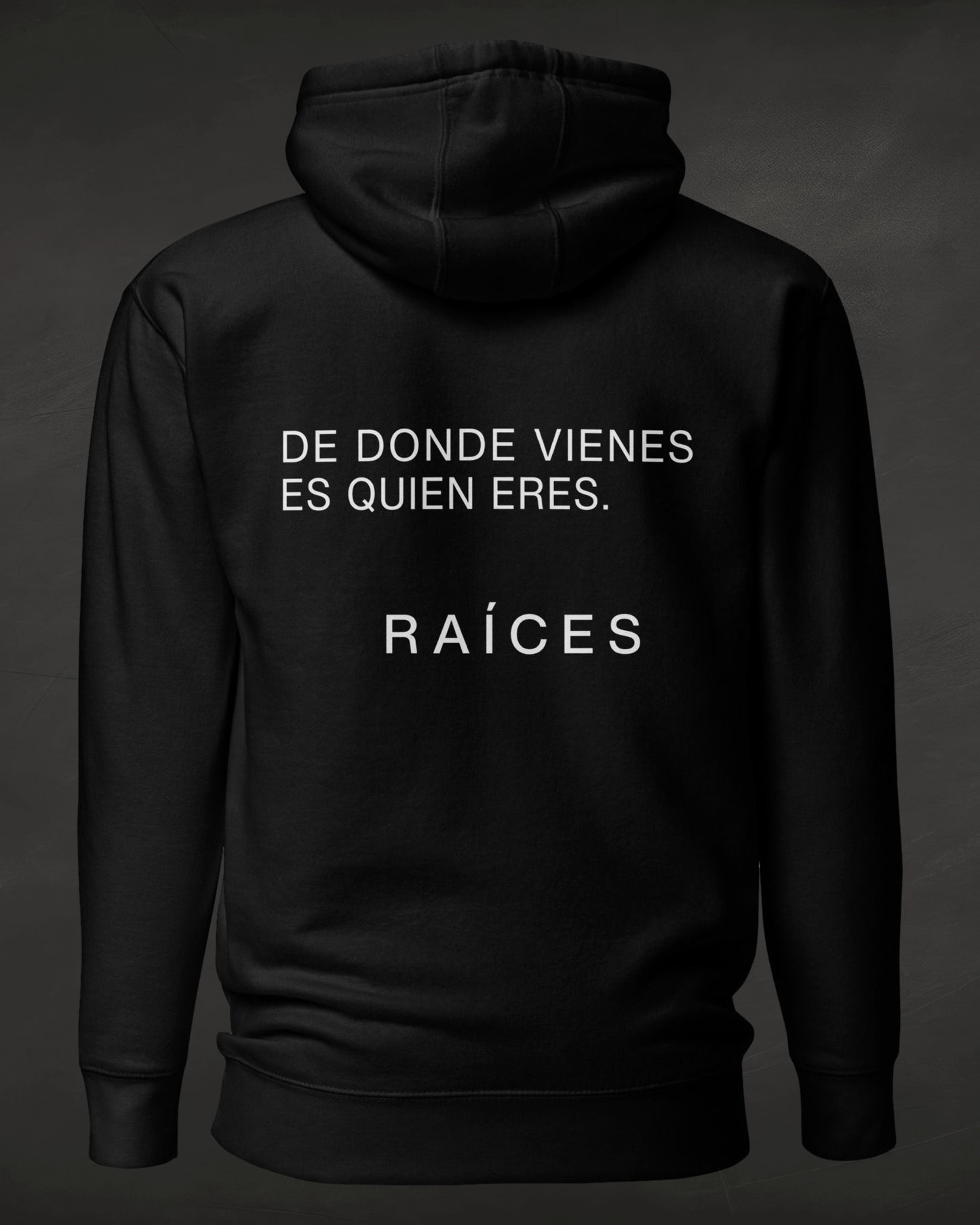 Black hoodie with white text on a dark background