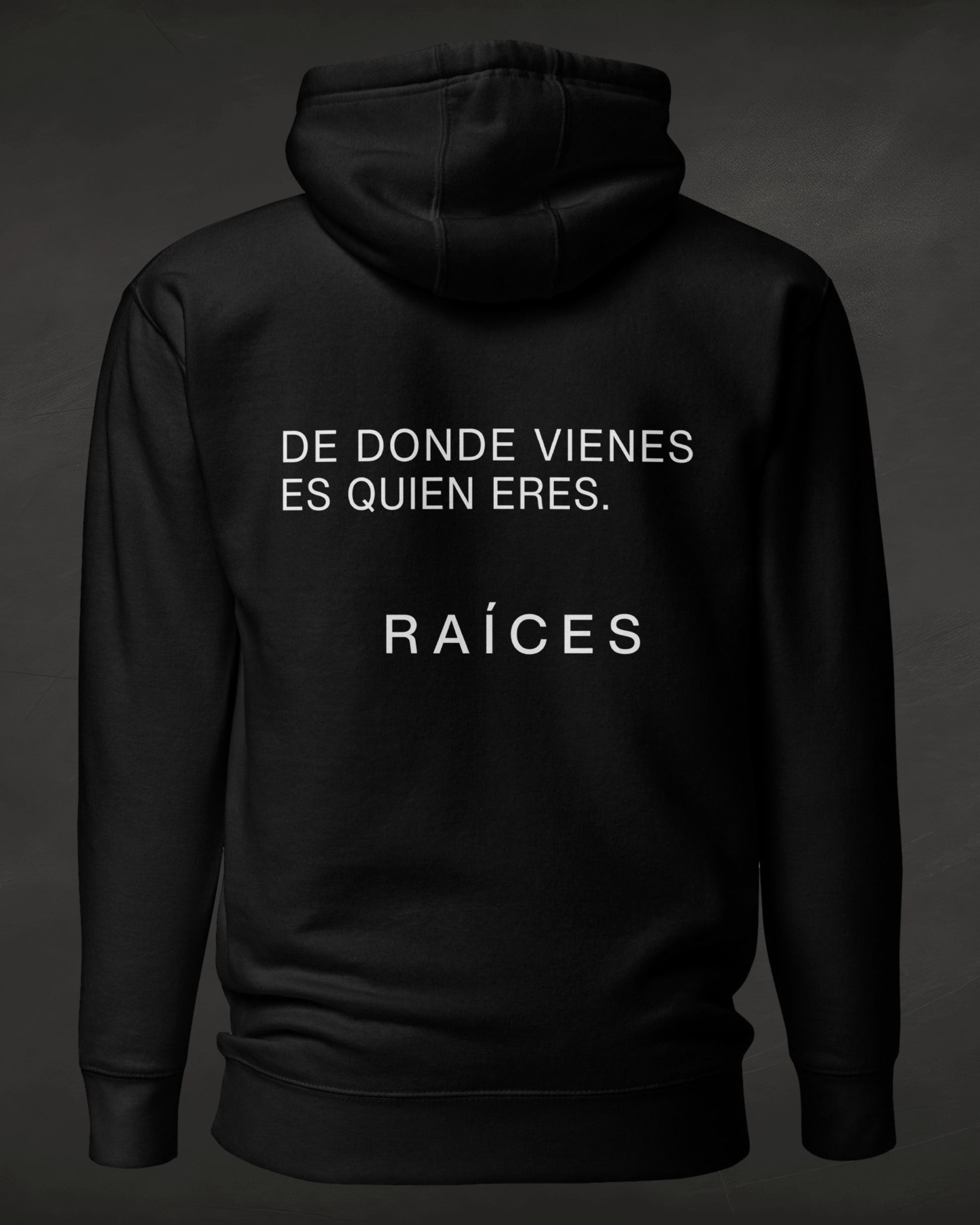 Black hoodie with white text on a dark background